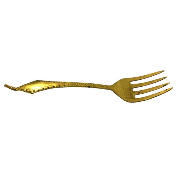 Vintage Handcrafted Brass Serving Fork – Leaf Handle Tribal Design 8.5” India - Picture 1 of 4